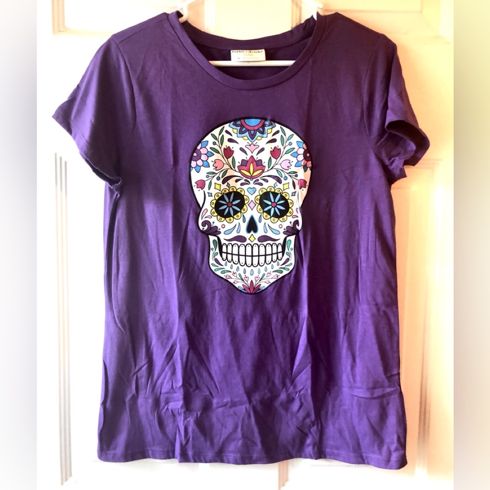 Bobbie Brooks Purple Multi Sugar Skull Day of the Dead Halloween Tee Shirt Large